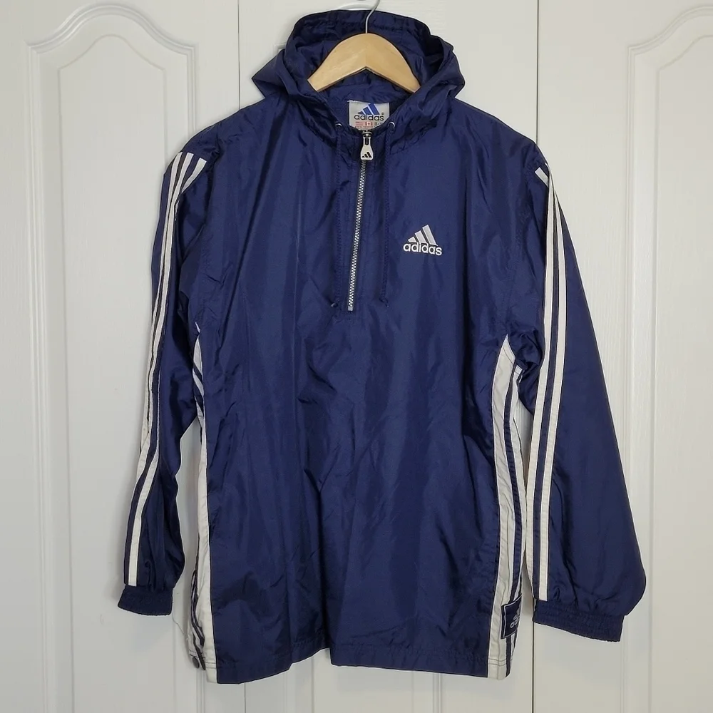 Adidas Blue Windbreaker with White Stripes - Picture 1 of 8